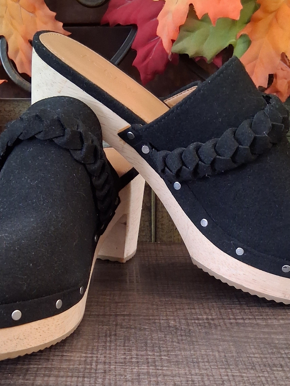 J Crew Black Braided Suede Platform Clogs with Stud Details